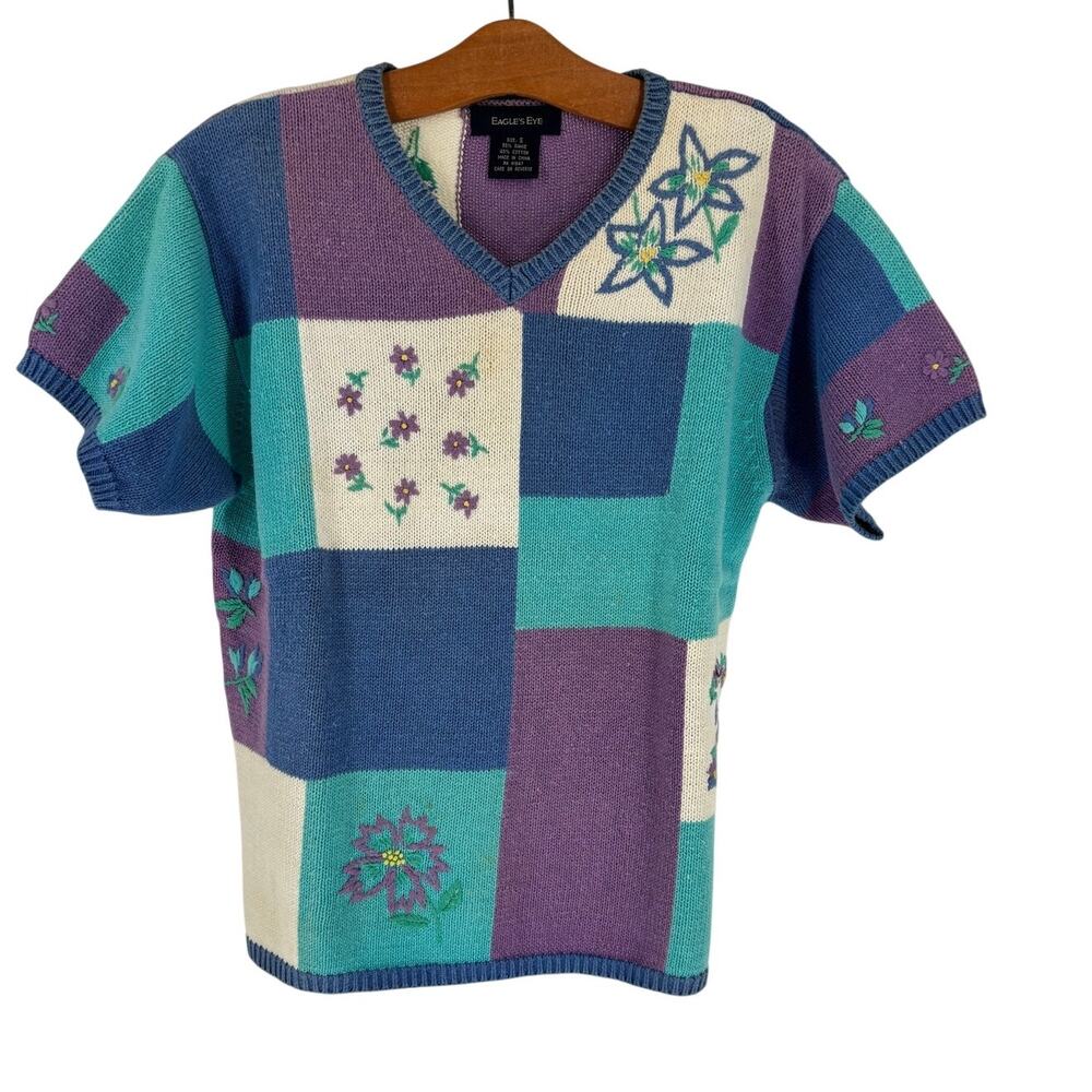 Vintage 90s Eagles Eye Short Sleeve Knit Sweater, Size S, Cottage Retro Floral